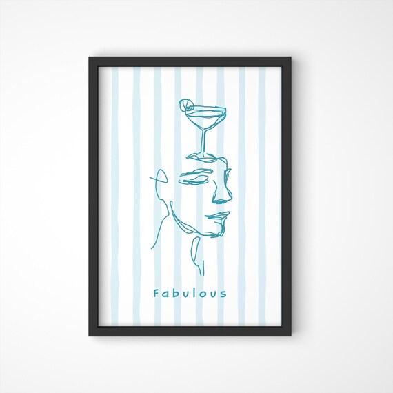 Fabulous Line Art Woman With Margarita Minimalist Blue Stripe Wall Art