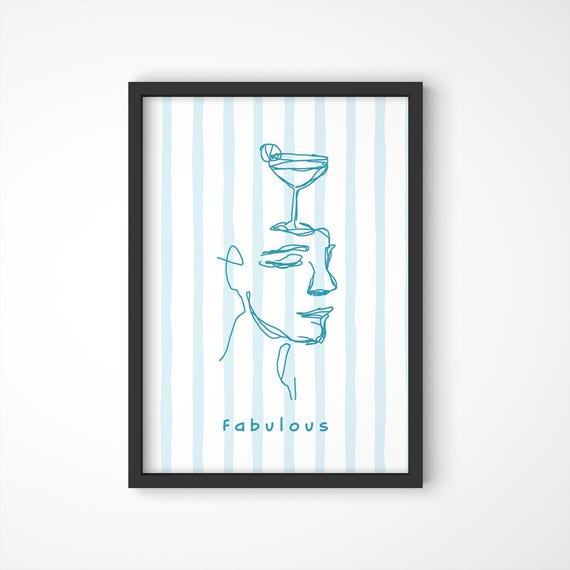 Pastel Blue Cocktail Print Minimalist Line Art