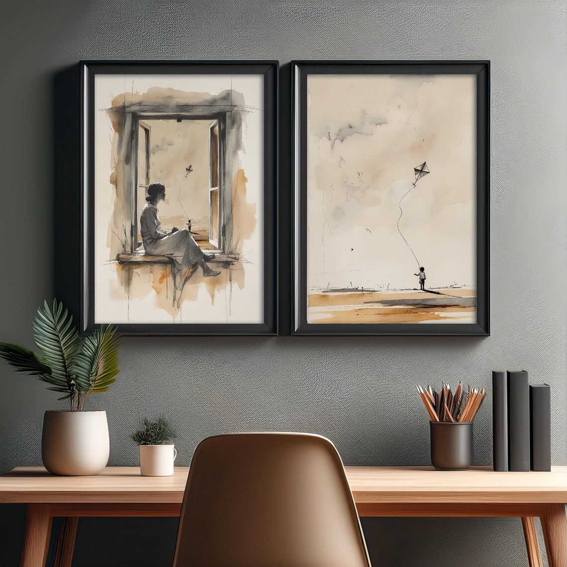 Lady And Kite Kid Antique-Style Watercolor Sketch Print Set