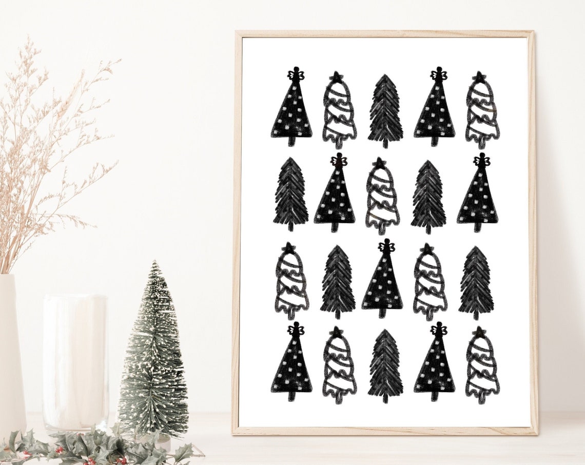 Monochrome Christmas Tree Grid Hand Drawn Modern Holiday Print