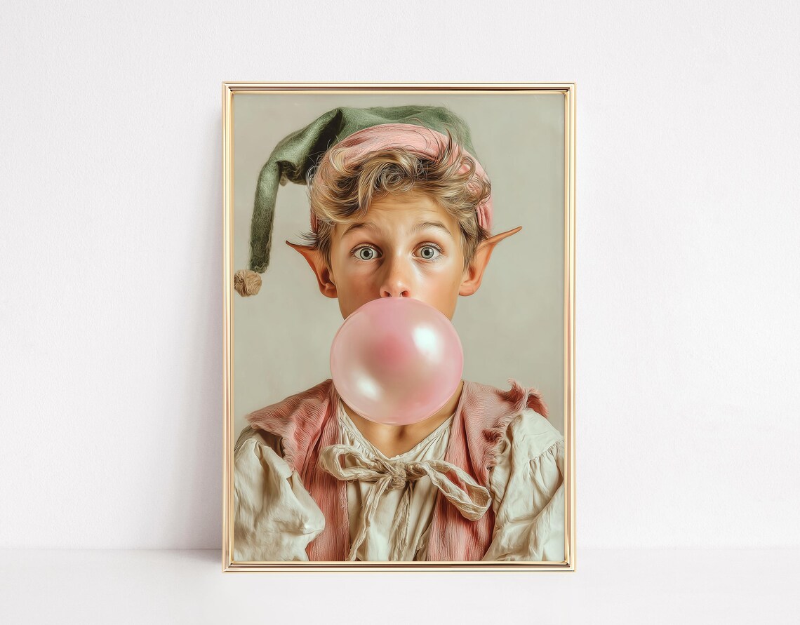 Elf Boy Blowing Bubblegum Christmas Art Print