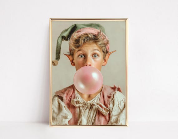 Elf Boy Blowing Bubblegum Christmas Art Print