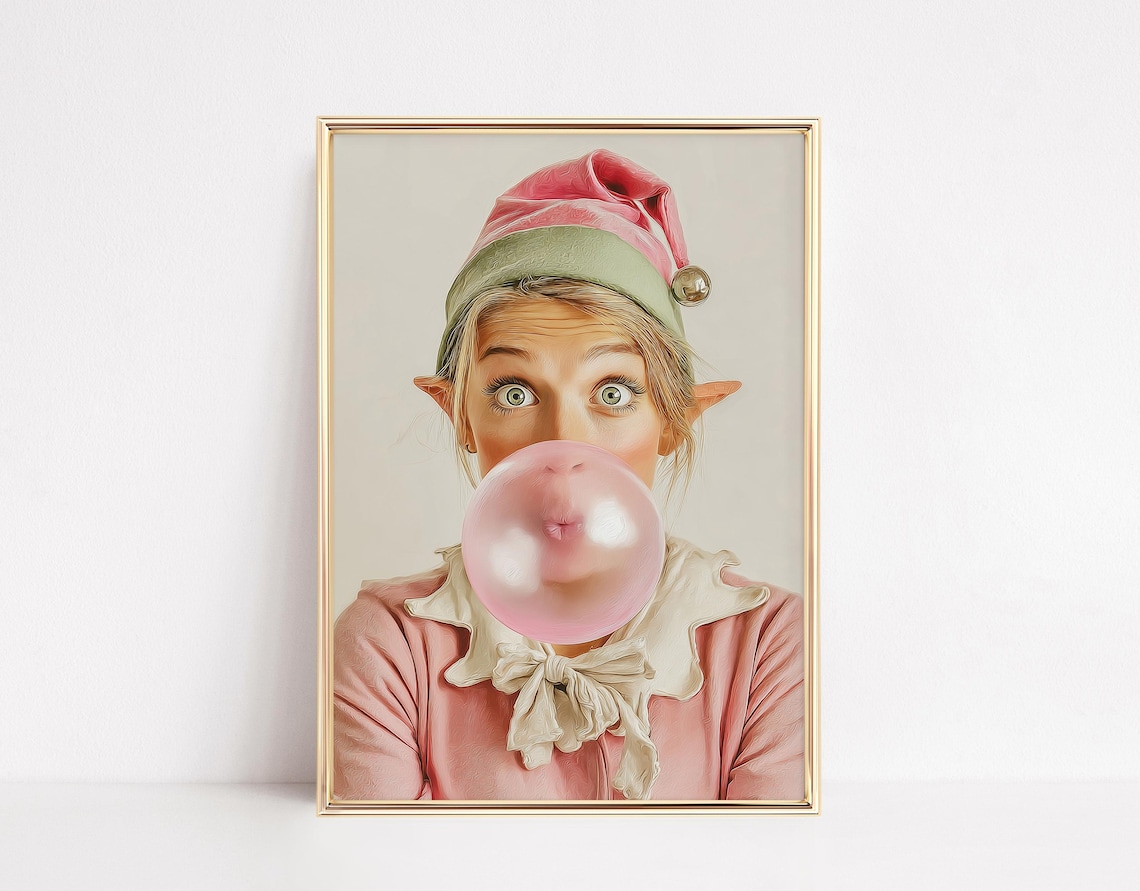 Christmas Elf Girl Blowing Bubble, Holiday Art Print