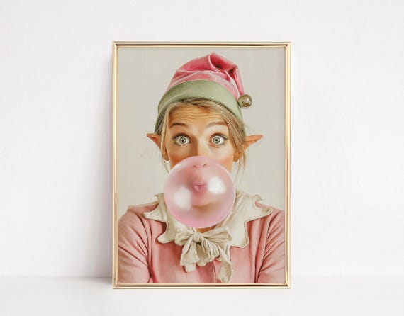 Christmas Elf Girl Blowing Bubble, Holiday Art Print