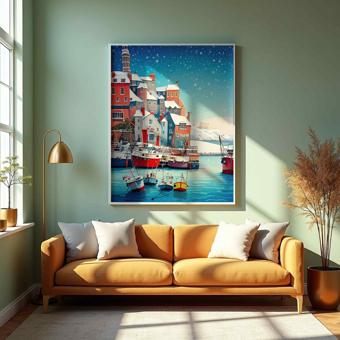 Festive Snowy Fishing Village Harbor Christmas Holiday Poster