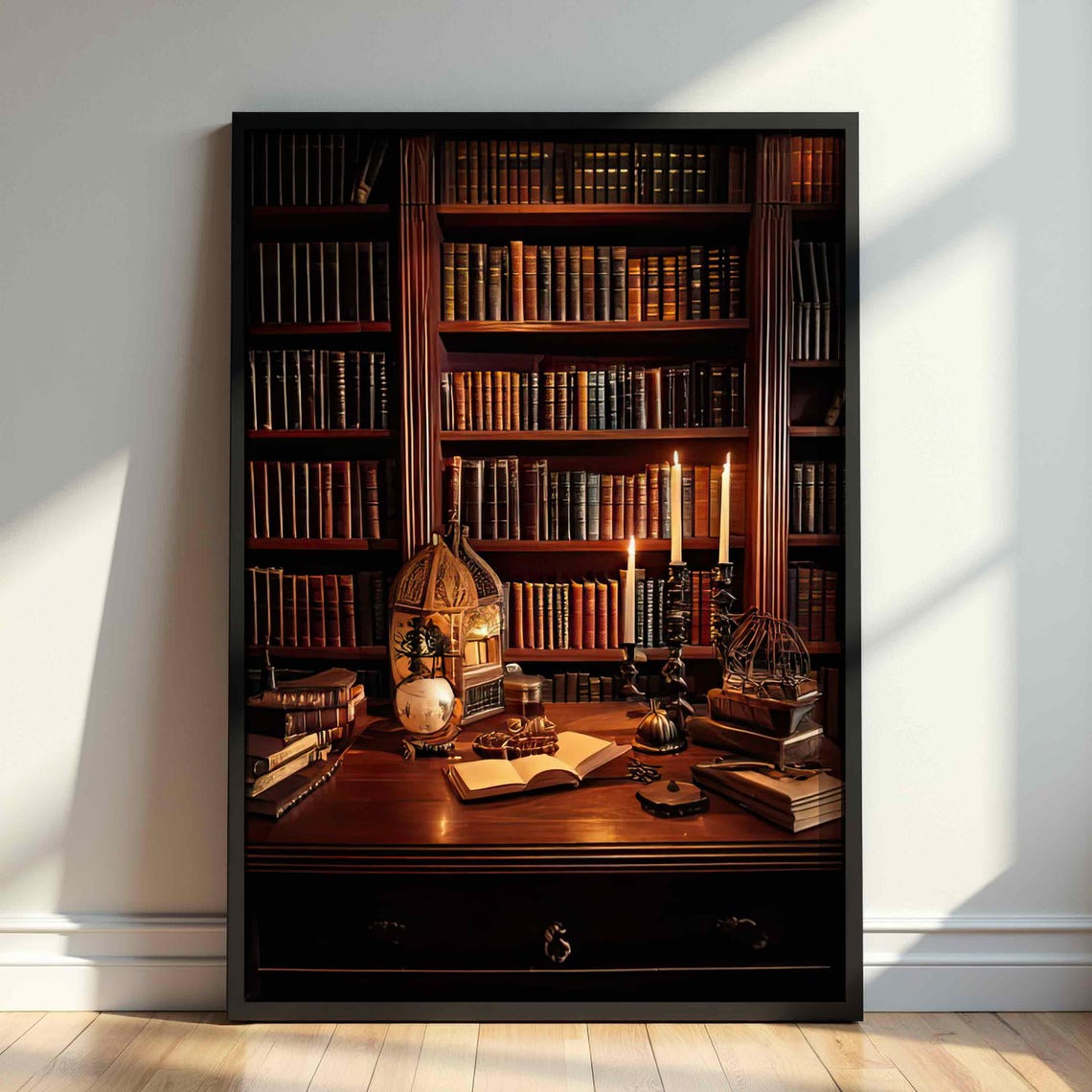 Vintage Library Bookshelf Cozy Dark Academia Study Room Poster