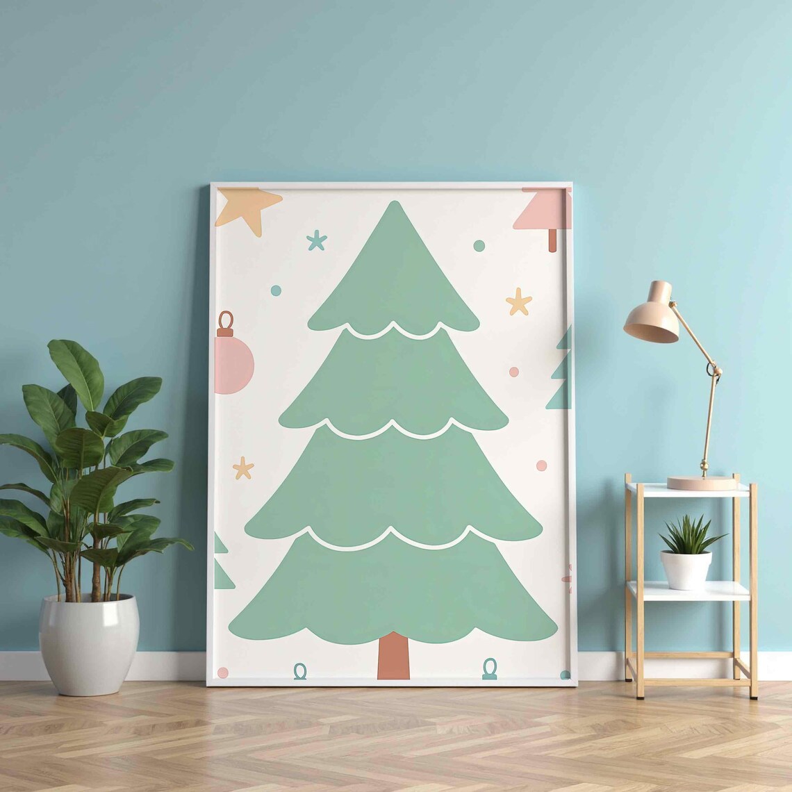 Mint Green Christmas Tree Minimalist Stars Holiday Poster Art