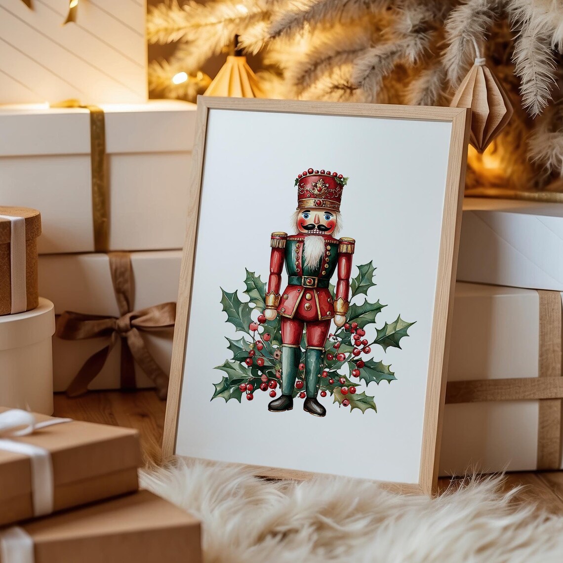 Christmas Nutcracker Soldier Holly Berries Watercolor Art Print