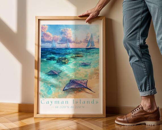 Cayman Islands Wall Art Tropical Beach Print Stingray Bay Ocean Decor Coastal Travel Poster Caribbean Nautical Home
