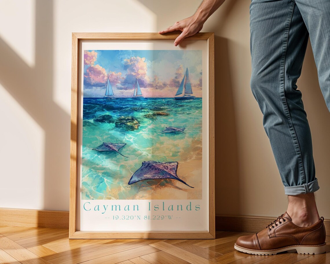 Cayman Islands Turquoise Stingray Bay Sailboats Vintage Travel Poster