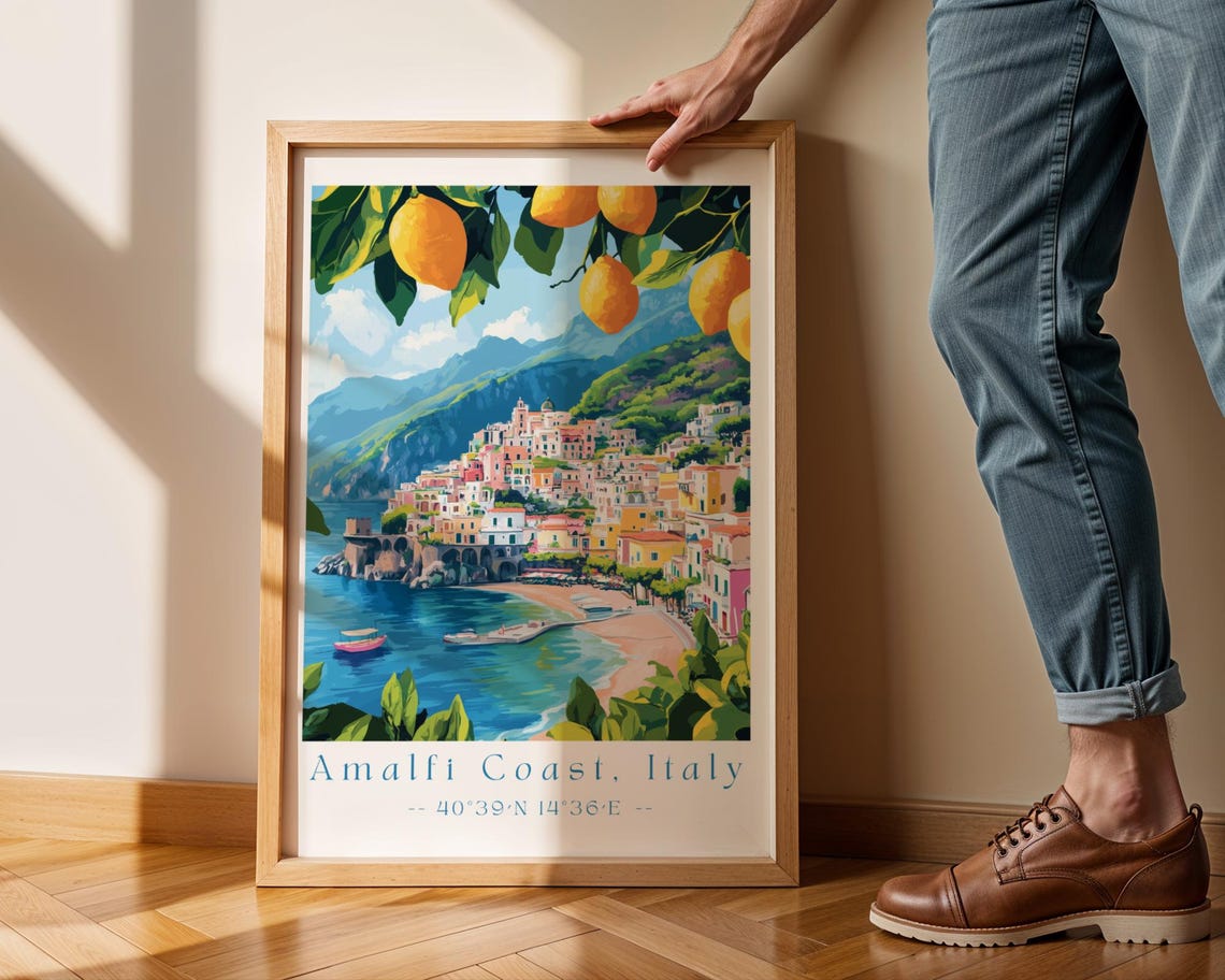 Amalfi Coast Italy Lemon Grove Village Pastel Travel Scene Poster