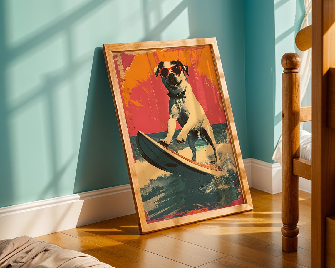 Cool Dog Surfing With Sunglasses Retro Beach Poster Fun Summer