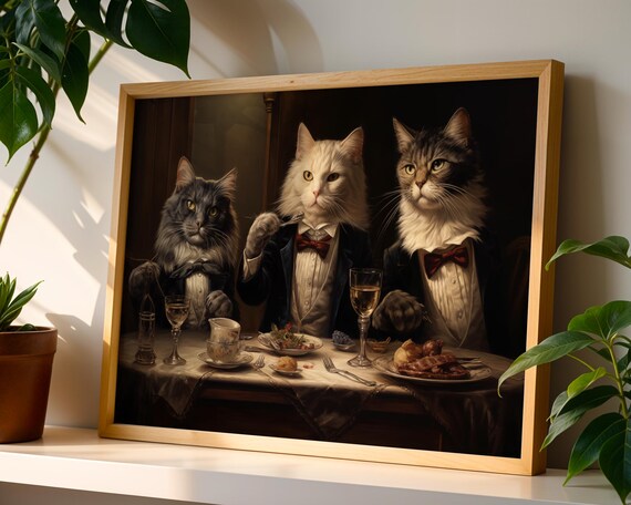 Tuxedo Cats Formal Dinner Party Anthropomorphic Cat Portrait Wall Art