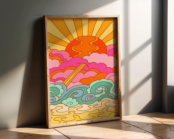 Retro 70s Psychedelic Sunset Over Ocean Waves Coastal Pop Art Poster