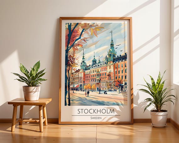 Stockholm Sweden Wall Art Print Colourful Nordic Cityscape Poster Scandinavian Travel Decor European Autumn Street Illustration