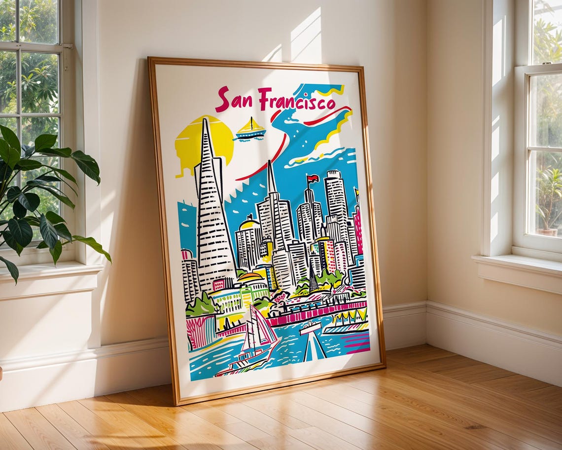 San Francisco Handdrawn Colourful Downtown Skyline Travel Poster
