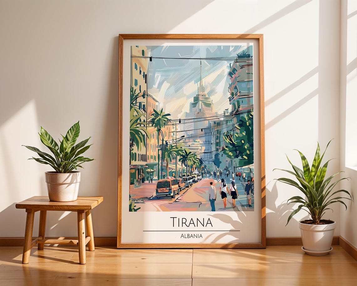 Tirana Albania Bustling City Street Palm Lined Boulevard Art Poster