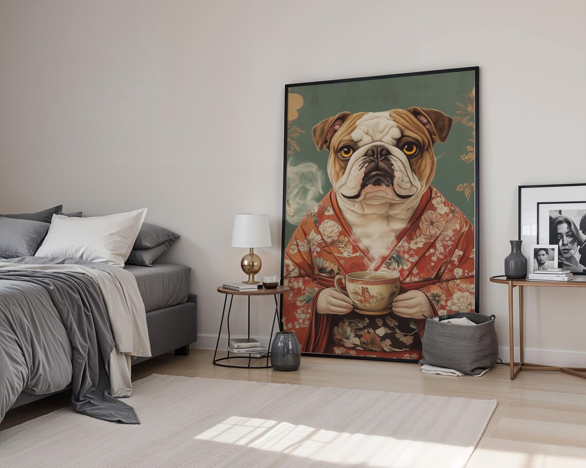 Large British Bulldog In Kimono With Tea Cup Portrait Dog Wall Art