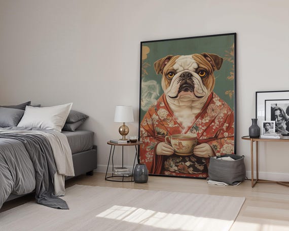 Bulldog Wall Art Japanese Kimono Dog Print Funny Poster Vintage Pet Decor Tea Lover Gift Oriental Japan
