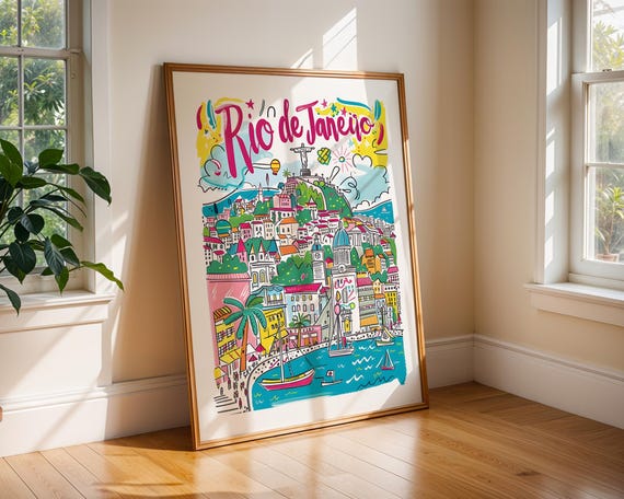 Rio De Janeiro Poster Christ The Redeemer Art Brazil Travel Print Wall Decor Handdrawn Cityscape Colourful Illustration
