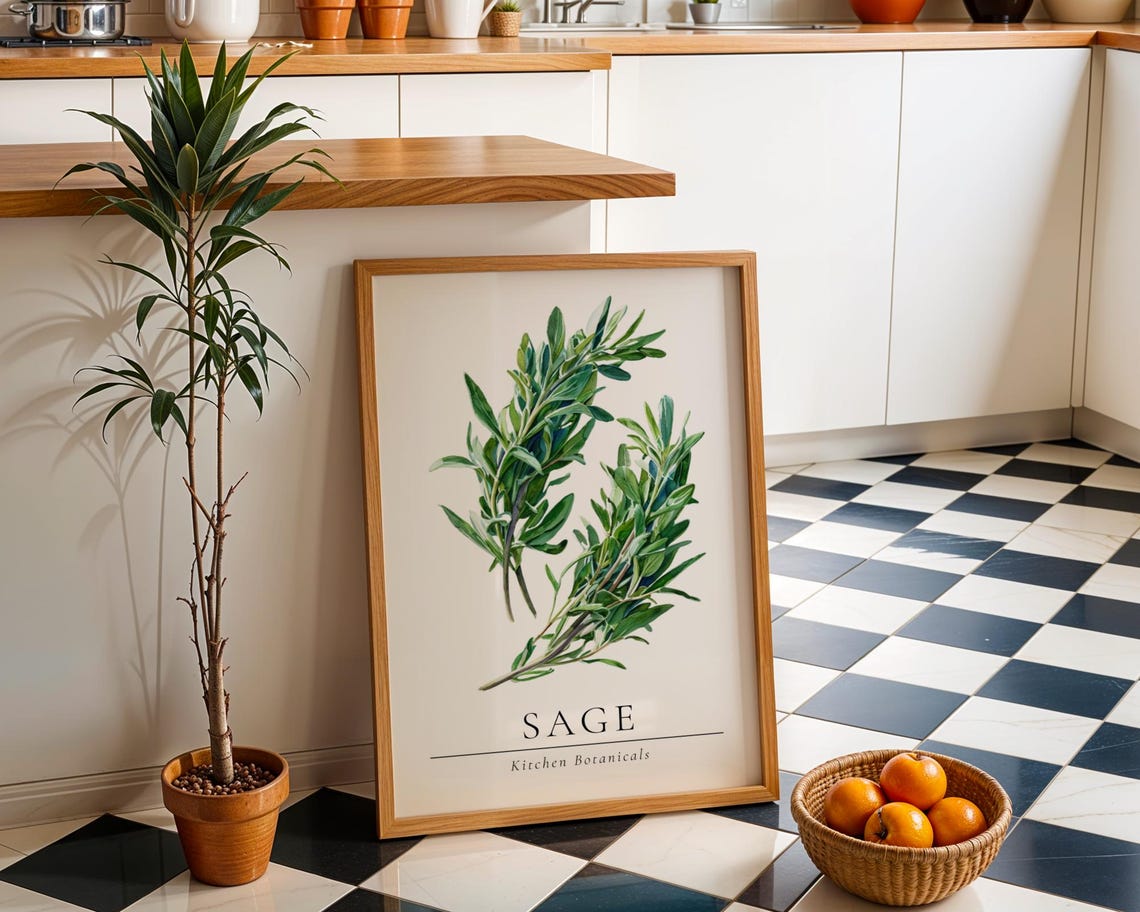 Sage Kitchen Botanicals Watercolor Herb Print for Chefs and Gardeners