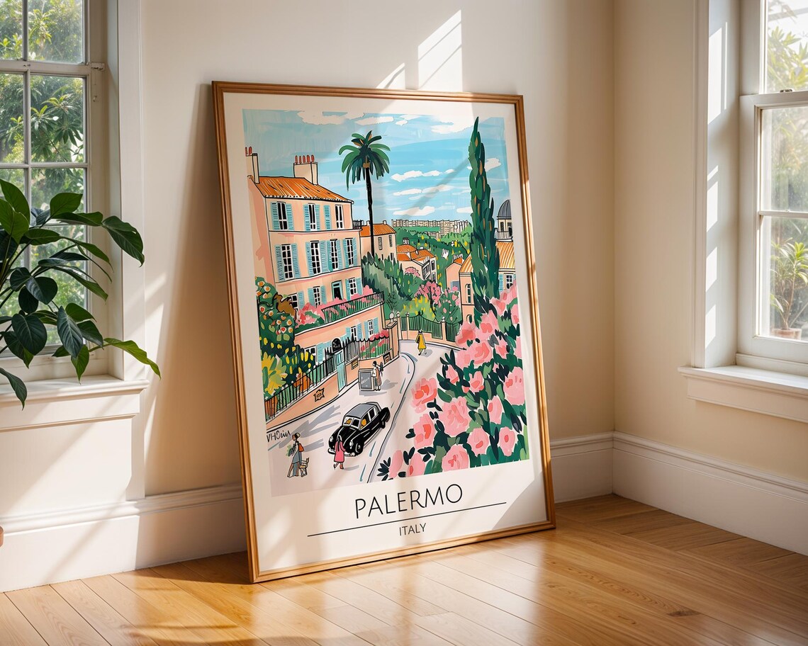 Palermo Italy Floral Villa Street Vintage Car Travel Scene Poster