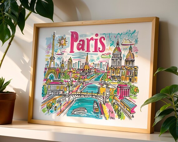 Paris France Eiffel Tower Hand Drawn Illustrated Travel Poster