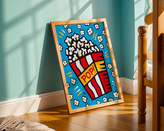 Pop Art Popcorn Poster Retro Movie Night Wall Print With Bold Colours Comic Style Fun Kitchen Bar Or Home Theatre Decor