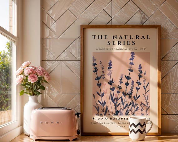 Stylised Lavender Sprigs On Pale Pink Contemporary Botanical Wall Art French Minimalist Flower Illustration Kitchen Girly Office