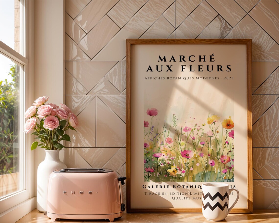 Marche aux Fleurs French Flower Market Botanical Watercolor Poster