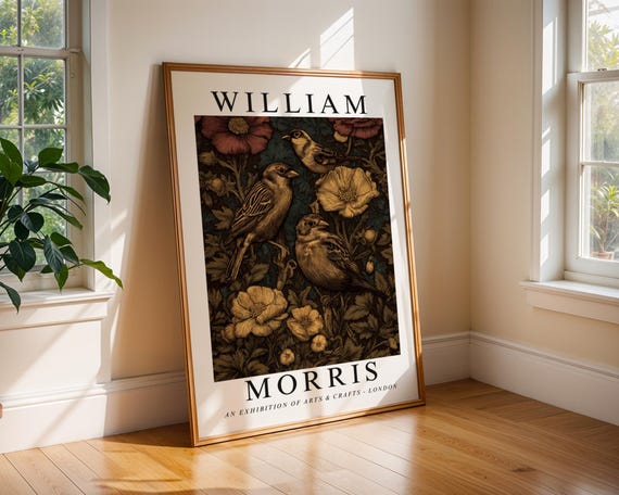 William Morris Dark Botanical Art Vintage Bird Poppy Print Arts And Crafts Style Nature Illustration Victorian Decor Poster