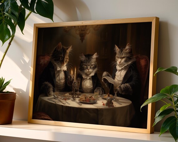 Tabby Cats Tuxedo Dinner Party Reading Menu Candlelit Cat Art Poster