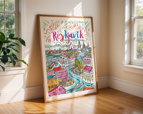 Reykjavik Iceland Travel Poster Print Colourful Wall Art Nordic Cityscape Home Decor Gift Illustration