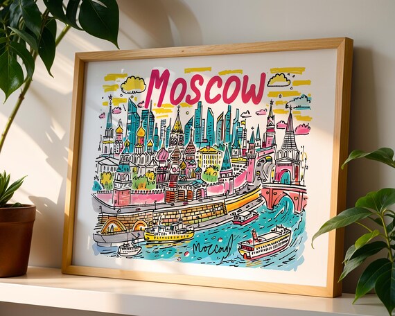 Moscow Russia Colorful Illustrated Skyline Travel Art Poster