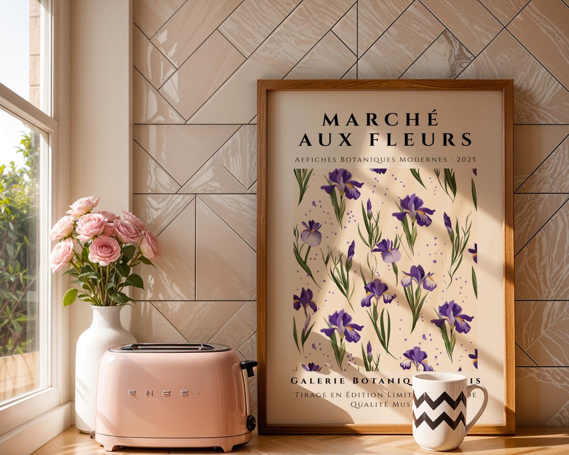 Graceful Marche Aux Fleurs Purple Iris Floral Botanical Art Poster