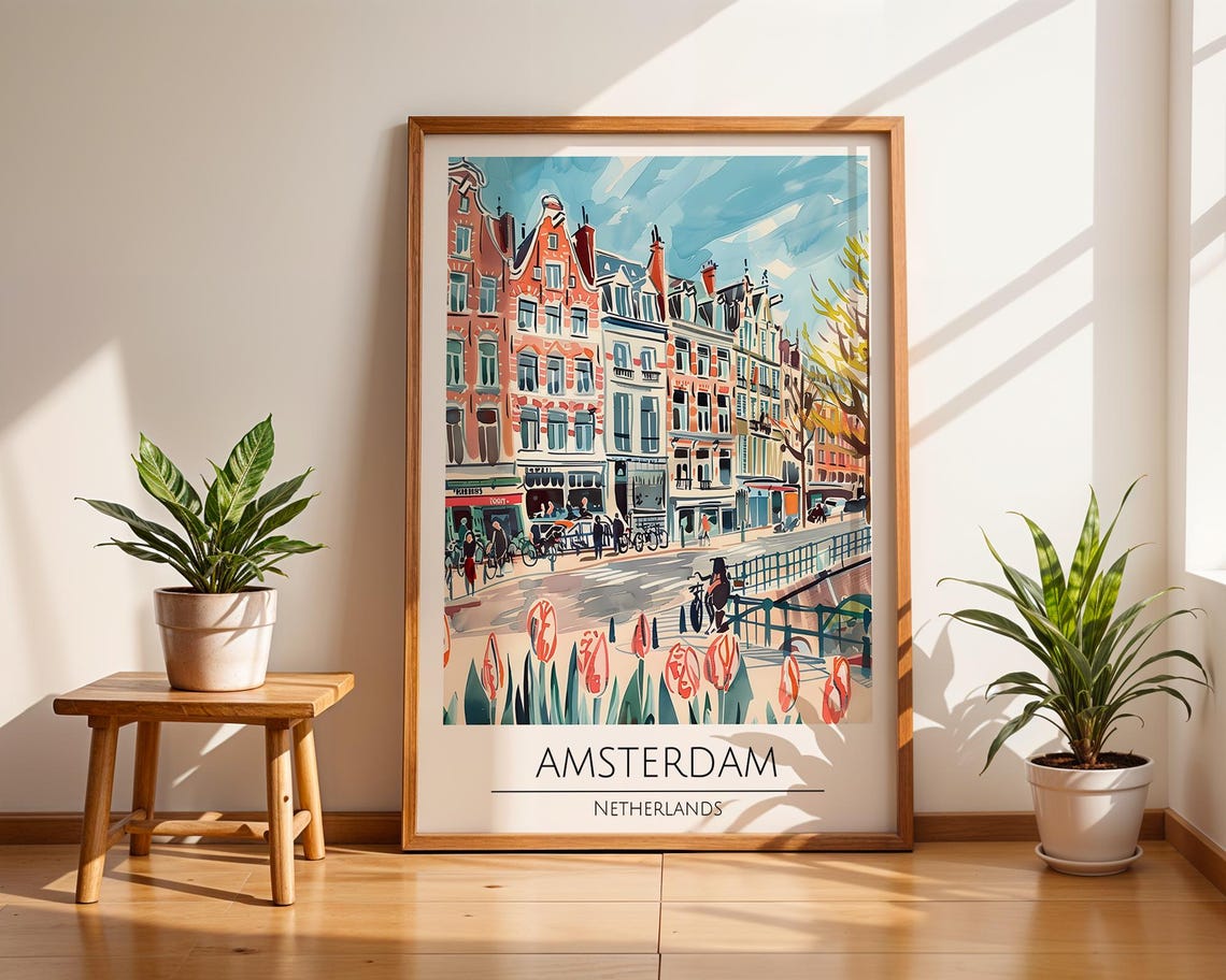 Amsterdam Netherlands Canal Tulip Bicycle Watercolor Style Poster