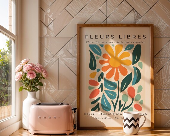 Joyful Yellow And Coral Flower Art Print Abstract Botanical Poster In Blue Green Kitchen Bedroom Gift For Her Office
