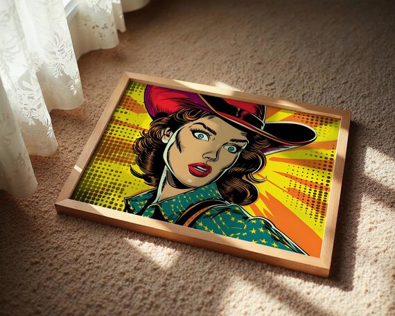 Pop Art Cowgirl Print Vintage Comic Style Wall Western Woman Portrait Retro Home Decor Bold Colourful