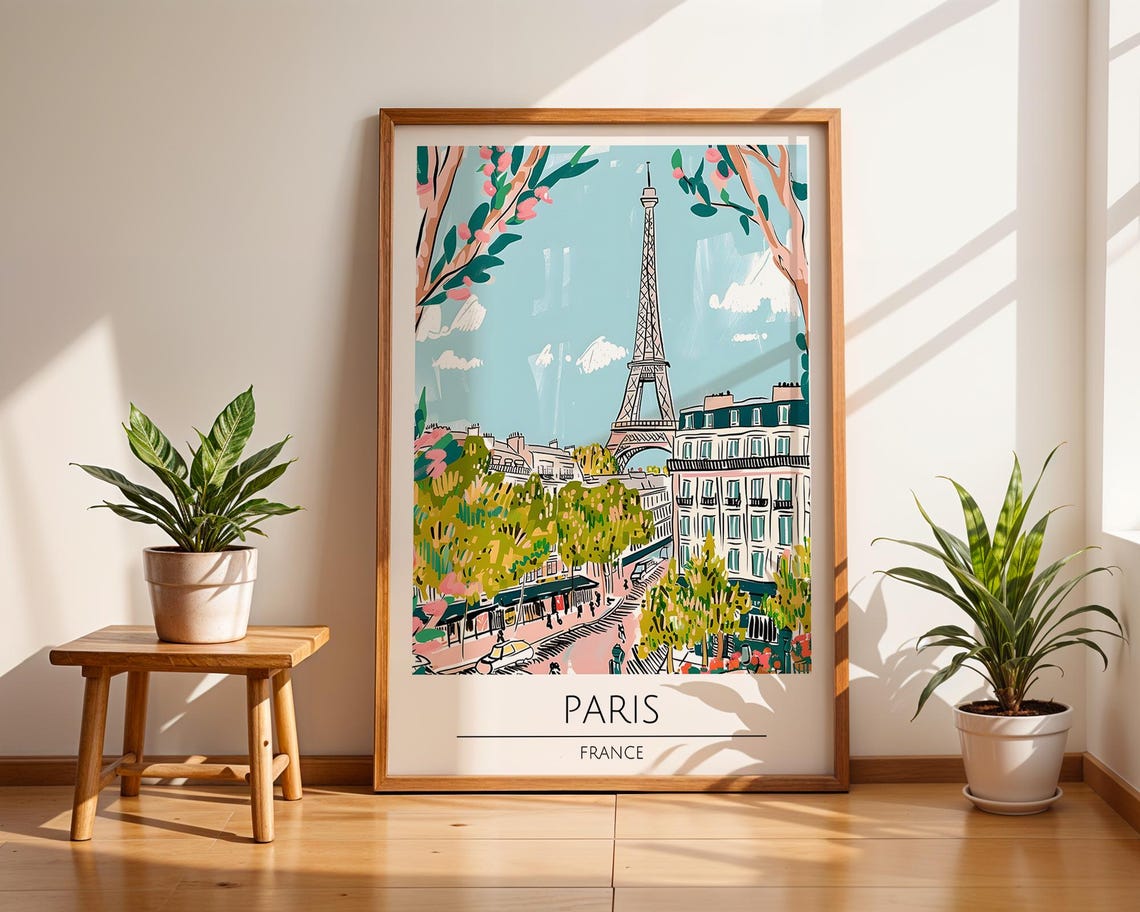 Paris France Eiffel Tower Spring Blossom Illustration Art Poster