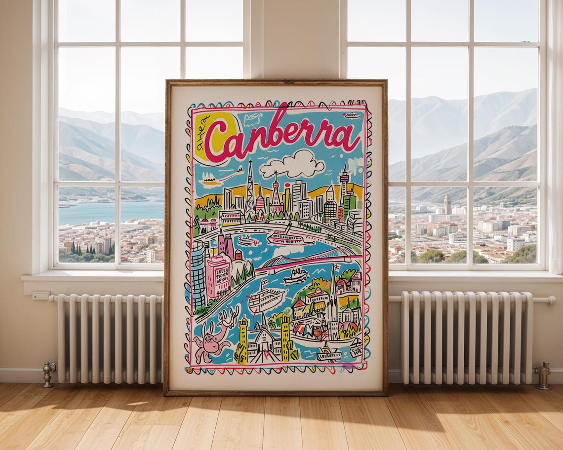 Canberra Australia Colorful Hand Drawn Capital Cityscape Travel Poster