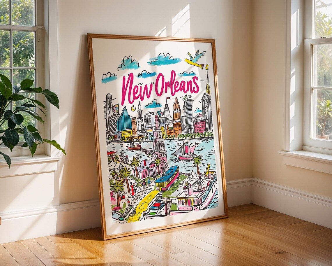 New Orleans Colourful Illustrated French Quarter Travel Poster