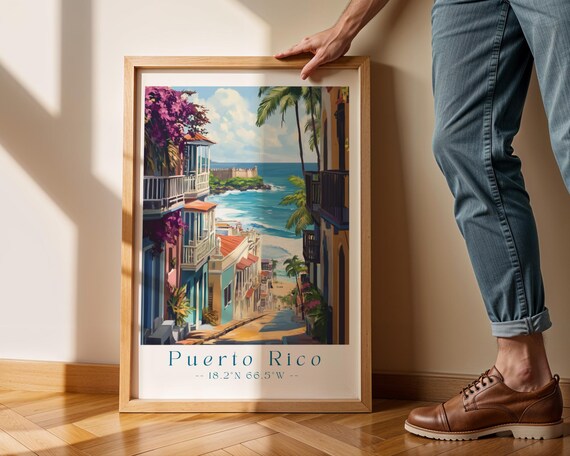 Puerto Rico Wall Art San Juan Print Old Colorful Street Decor Tropical Caribbean Travel Poster Beach Town