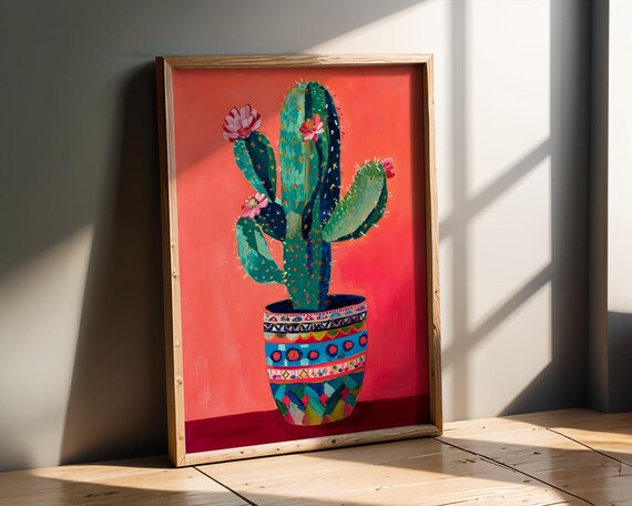 Colourful Painted Cactus In Patterned Pot Pop Art Print Southwestern Botanical Wall With Bright Coral Background Boho Desert Decor