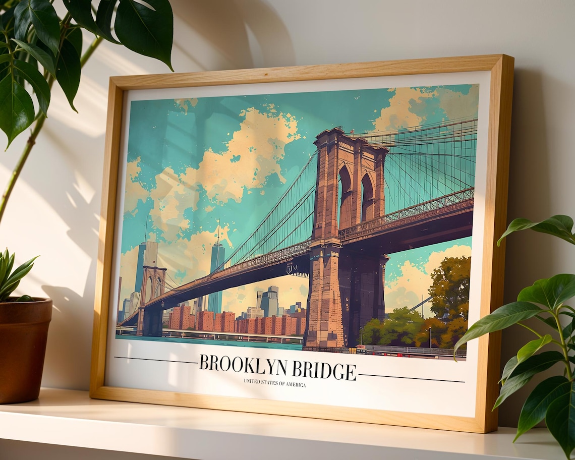 Brooklyn Bridge New York Vintage Travel Poster With Manhattan Skyline Art