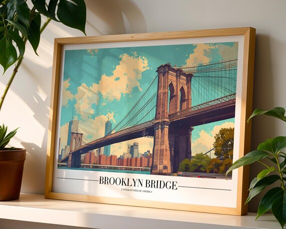 Brooklyn Bridge New York Vintage Travel Poster With Manhattan Skyline Art