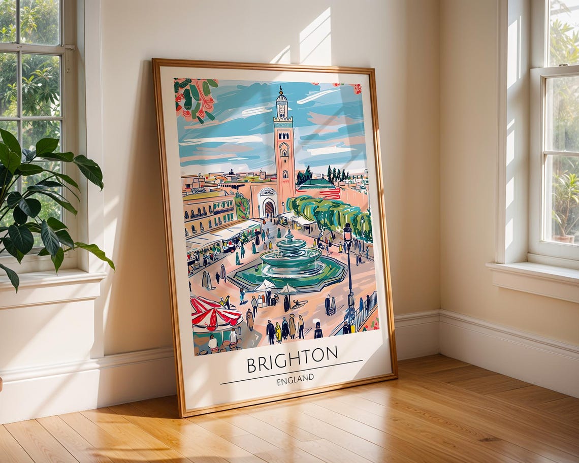 Brighton England Bustling Fountain Square Scene Travel Poster