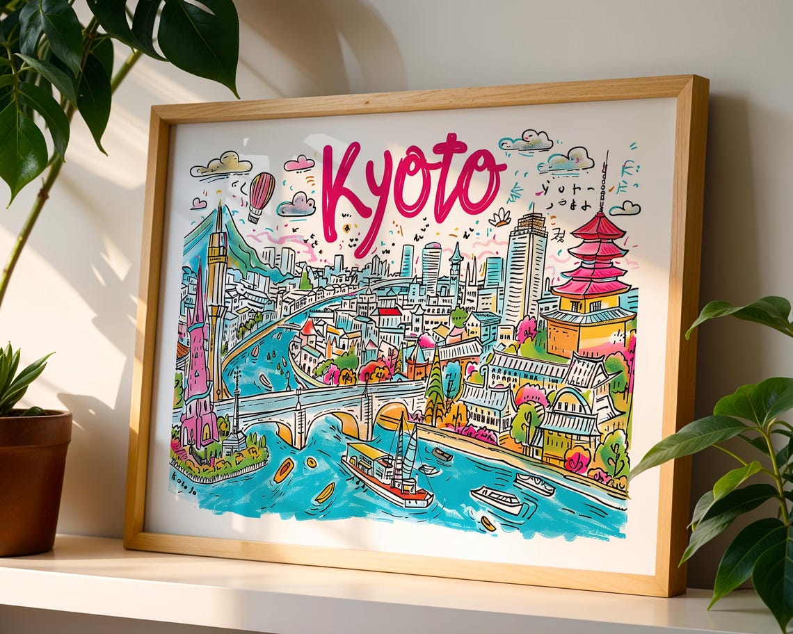 Kyoto Japan Colourful Illustrated Pagoda Traditional City Art Poster