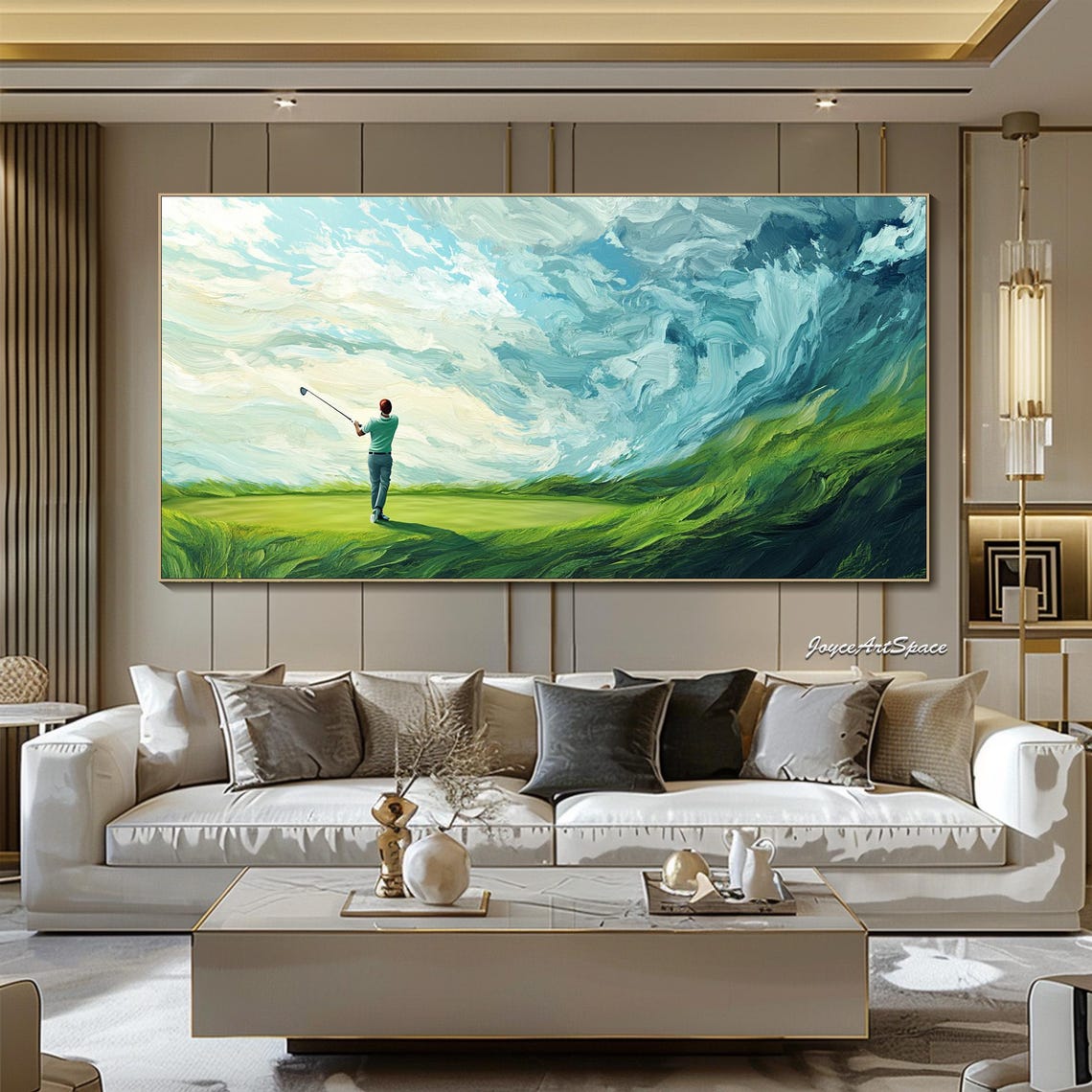 Golfer Swinging Green Course Dramatic Sky 3D Impasto Sports Poster - Image 5