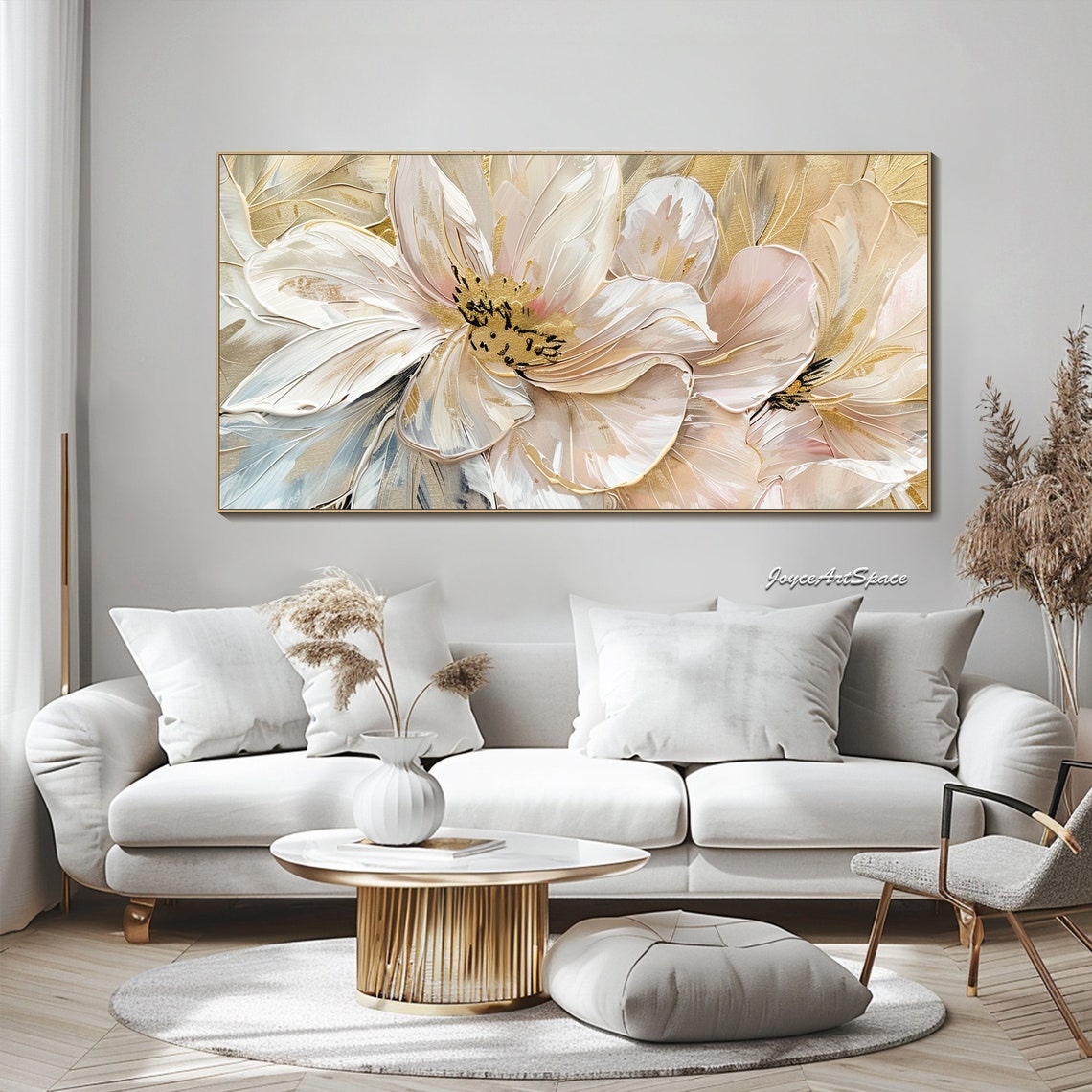 White Gold Floral Close Up Textured 3D Elegant Oil Painting Poster - Image 3