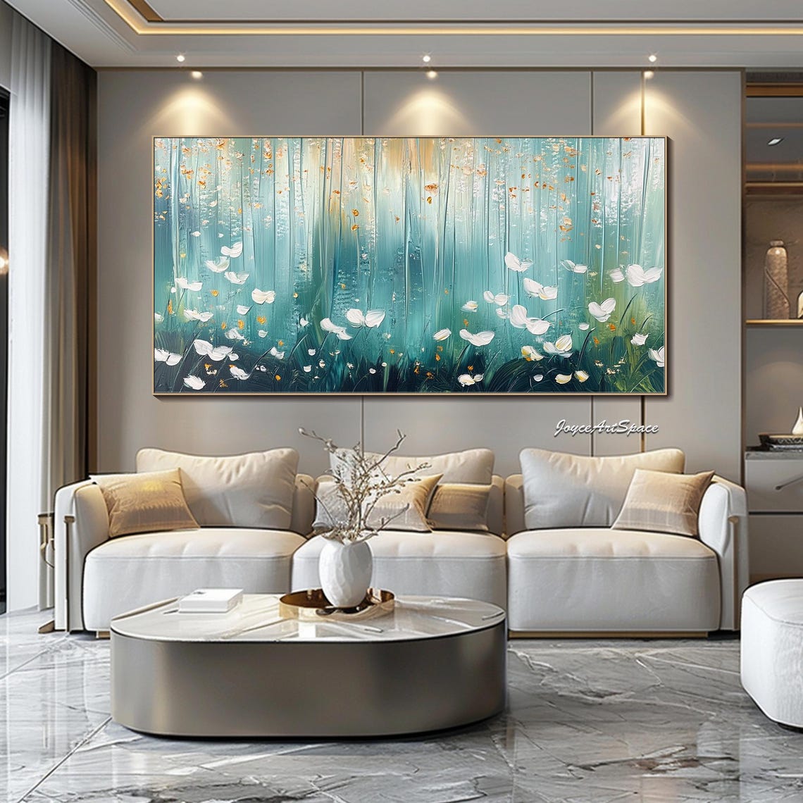 Teal Forest White Flowers Abstract 3D Textured Impasto Wall Art - Image 2